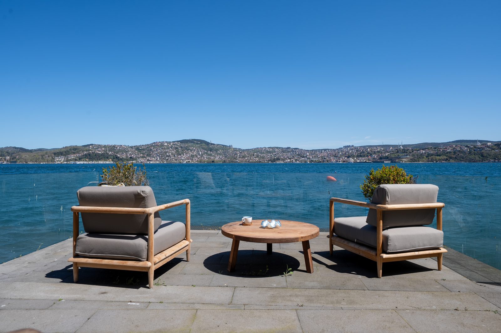 Two armchairs on the private dock facing the Bosphorus